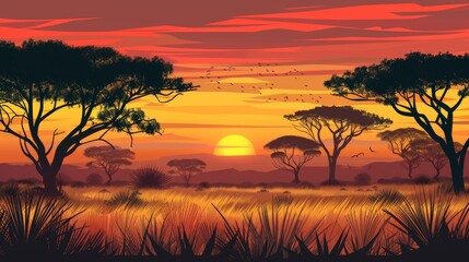 Illustration expansive savannah landscape with acacia trees, tall golden grasses, and a striking orange and red sunset