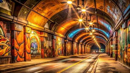 Urban tunnel beneath a busy city street, graffiti and posters plastered on the walls, streetlights casting an orange hue.
