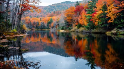 Fototapeta premium Trees along a river with autumn foliage reflected in the water
