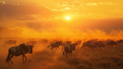 Naklejka premium Golden Sunset Over Migrating Wildebeest. Generative AI