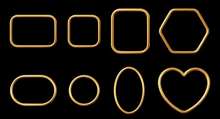 3d gold frames set of geometric shapes: circle, oval, rectangle, square, heart, hexagon. Realistic shiny golden border collection. Stock vector illustration on black isolated background.