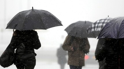 People walk down a city street, huddled under umbrellas as snow falls around them