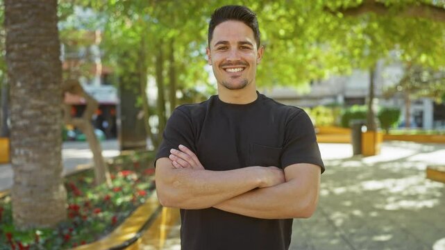 Smiling young man with crossed arms standing casually in a vibrant city park