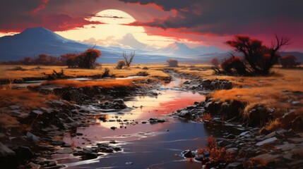 Serene Sunset Over a Winding Stream