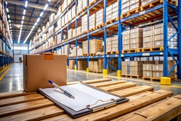 Industrial warehouse background with rows of shelves and boxes, clipboard with papers and pen lying on a wooden crate, awaiting a professional's attention.