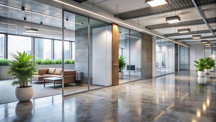 Obraz premium Modern corporate corridor features sleek glass doors, polished concrete floors, and minimalist white billboard, surrounded by contemporary furniture and abundant natural light.