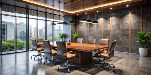 Fototapeta premium Sleek modern conference room with dark cement wall and floor-to-ceiling glass panels, featuring a large wooden table and chairs, awaiting important business meetings.