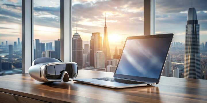 Sleek silver laptop and futuristic virtual reality headset lie on a minimalist desk amidst a cityscape backdrop, symbolizing innovation and forward thinking.