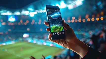 Female hand holding smartphone touch screen recording image of sports fan at stadium