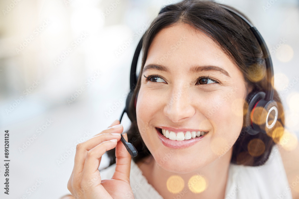 Poster woman, call center and portrait with microphone or happy for tech support, advisor with job at help 