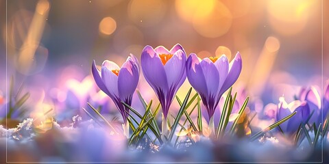 Purple crocus flowers on bokeh background. Spring concept.