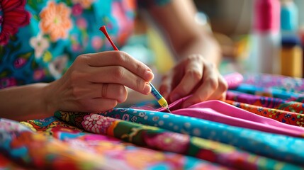 Naklejka premium Sewing with Needle and Thread: Hands sewing fabric with needle and thread, with a sewing kit and colorful fabrics on the table. 