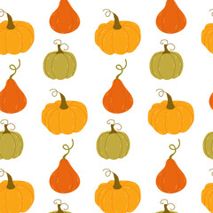 Seamless pattern with pumpkins on white background. Autumn background. Botanical print on fabric, wrapping paper. Pumpkin harvest