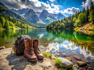 Serenely situated beside a calm lake, a worn pair of hiking boots and a sturdy backpack rest, surrounded by lush greenery and majestic mountains.