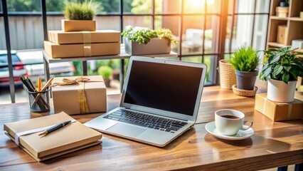 Fototapeta premium Modern laptop on wooden desk surrounded by office supplies, coffee cup, and notes, showcasing a busy online store management and e-commerce entrepreneurial spirit.