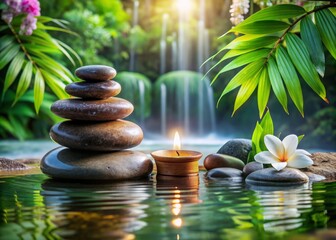 Soothing spa environment with zen stones, peaceful water feature, and calming background, evoking deep relaxation and tranquility, perfect for wellness and self-care concepts.