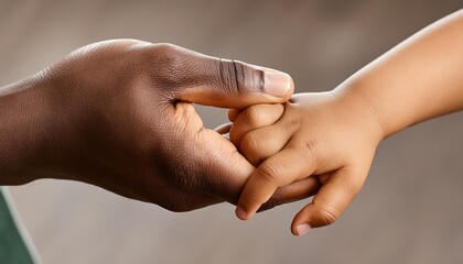 Interracial Bonding - Acceptance and Acknowledgement of Ethnicity - Male Adult hand Holding Small Newborn Hand - Grown Up offering Palm to Baby - Little Child holding Fingers of African Father