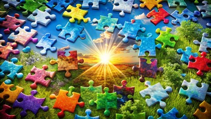 A vibrant puzzle takes shape, each piece symbolizing a unique aspect of a thriving business vision, with interlocking elements forming a cohesive, successful whole.