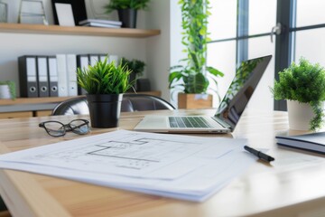 Fototapeta premium A stylish table with blueprints and modern accessories in a chic office combines functional workspace elements with elegant design.