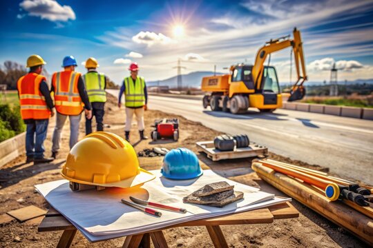 Civil engineers' tools and equipment, including hard hats, vests, and blueprints, scattered on a makeshift table at a busy road construction site with heavy machinery.