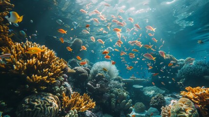 Obraz premium Underwater view of a coral reef teeming with marine life