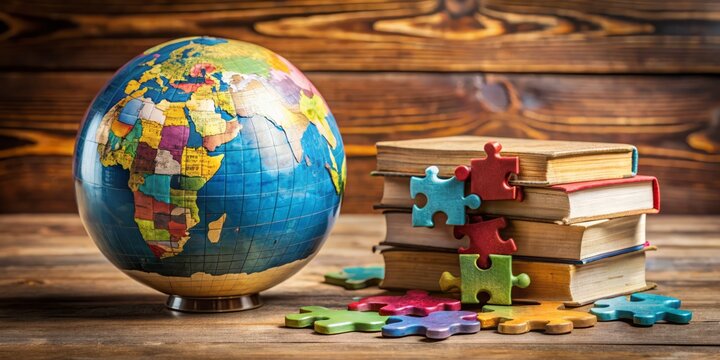 Diverse books and colorful puzzle pieces surround a globe on a wooden table, symbolizing inclusive business values of respect, diversity, and unity.