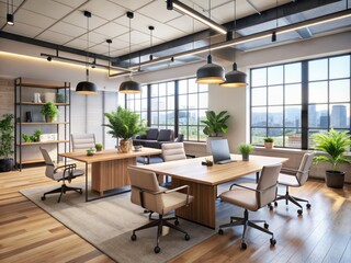 Empty modern office space with sleek furniture, natural light, and minimalist decor, set for a friendly business conversation between colleagues.