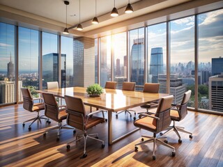 Fototapeta premium Modern glass office interior with sleek wooden table and chairs, cityscape view, and blurred background, perfect for corporate meetings and business discussions.