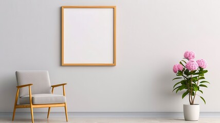 A minimalist living space featuring a chair, empty frame, and potted plant, perfect for interior design inspiration.