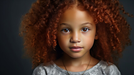 Portrait of smiling cute African American child girl with red hair and perfect skin, silver background, banner.