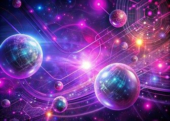 Obraz premium Vibrant purple-pink nebula background with glowing circuits and wires, futuristic spheres and orbs, representing the fusion of digital and physical worlds in metaverse.