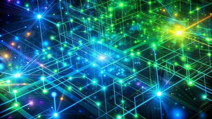 Obraz premium Vibrant neon blue and green abstract background featuring interconnected nodes, swirling particles, and circuitry patterns, representing technological advancements in AI and data processing.