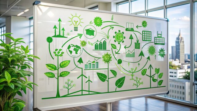 A futuristic whiteboard displays a diagram of a sustainable business model, with green leaf icons and arrows connecting profit growth to environmental responsibility goals.