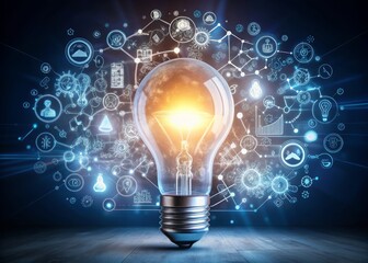 A glowing light bulb surrounded by futuristic graphic icons and shapes, symbolizing innovative strategy and business planning ideas for growth and competition success.