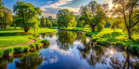 Fototapeta premium Serenene landscape of a winding river flowing gently through lush green grass and surrounded by vibrant trees, reflecting the beauty of a peaceful forest park atmosphere.