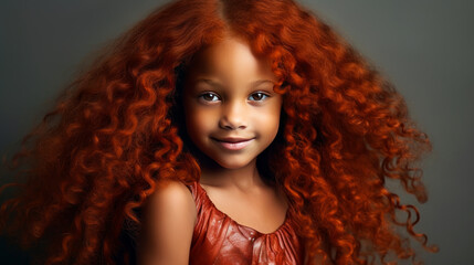 Portrait of smiling cute African American child girl with red hair and perfect skin, silver background, banner.