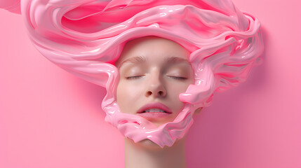 Fototapeta premium Portrait illustration art of a woman with pink liquid hair, representing states of mind and deep emotion. Contemporary art combine thought and personality, a unique blend of modern and conceptual art.