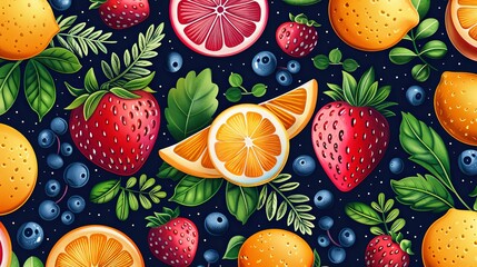 vector, illustration, flat, Background fruits and green leaves nature. Abstract geometric seamless pattern. Decorative ornament in flat design style. Ripe harvest banner. Floral backdrop. Organic vege