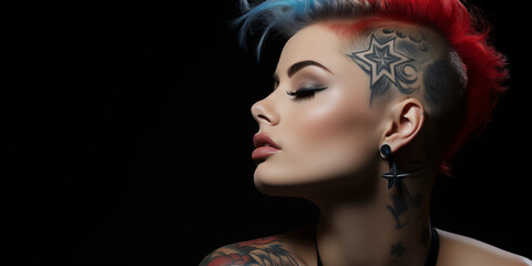 Naklejka premium close up photo of beautiful woman with stars tattoo on her cheek, red and blue eye makeup, hair in messy bun, black background.