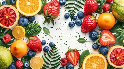 vector, illustration, flat, Background fruits and green leaves nature. Abstract geometric seamless pattern. Decorative ornament in flat design style. Ripe harvest banner. Floral backdrop. Organic vege