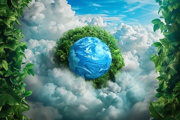 A crisp image of a blue globe under a blanket of clouds enveloped by verdant vegetation embodies the concept of clean air and the importance of preserving our environment for World Ozone Day