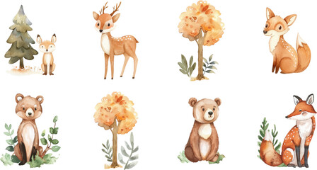 Naklejka premium Cute watercolor wild animals in the forest with arches and trees for invitation cards.