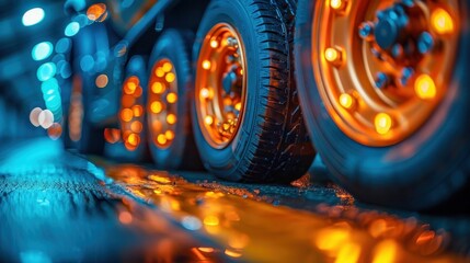 Fototapeta premium Close-up of illuminated vehicle wheels reflecting on a wet road at night, creating a vibrant and dynamic urban scene.