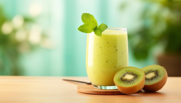 Refreshing kiwi smoothie in a glass with mint garnish, placed on a wooden table next to sliced kiwis in a soft focused background.