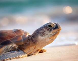 Obraz premium Turtles resting peacefully on the ocean shore, sand beach pier. Mixed with the natural habitat of sea, sand and sunshine.