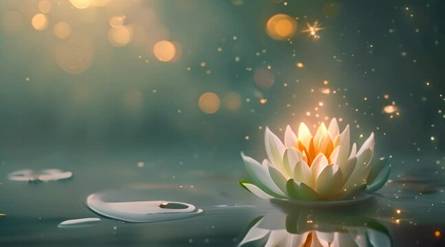 A glowing white lotus flower with sparkles floating on water, in an empty space above it.