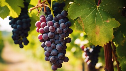 Fototapeta premium Close-up of ripe, purple grapes hanging from a vine in a vineyard, surrounded by green leaves and bathed in natural sunlight.