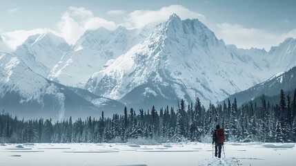 A lone adventurer in winter gear, trudging through a snowy landscape, with a backdrop of snow-capped mountains and pine trees