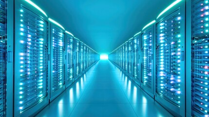Modern data center with server racks and bright lighting, showcasing advanced technology and digital infrastructure.