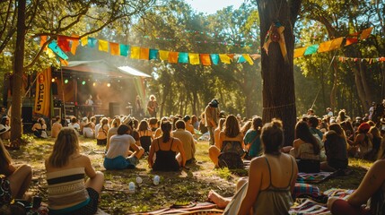 A music or cultural festival implementing eco-friendly practices, such as waste reduction, recycling, and sustainable food options